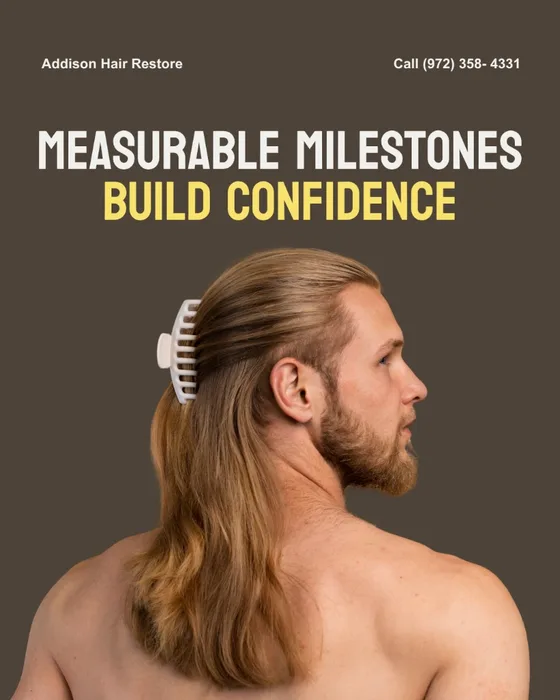 Addison Hair Restore social graphic: man with long hair, headline “Measurable Milestones Build Confidence,” with contact Call (972) 358-4331.