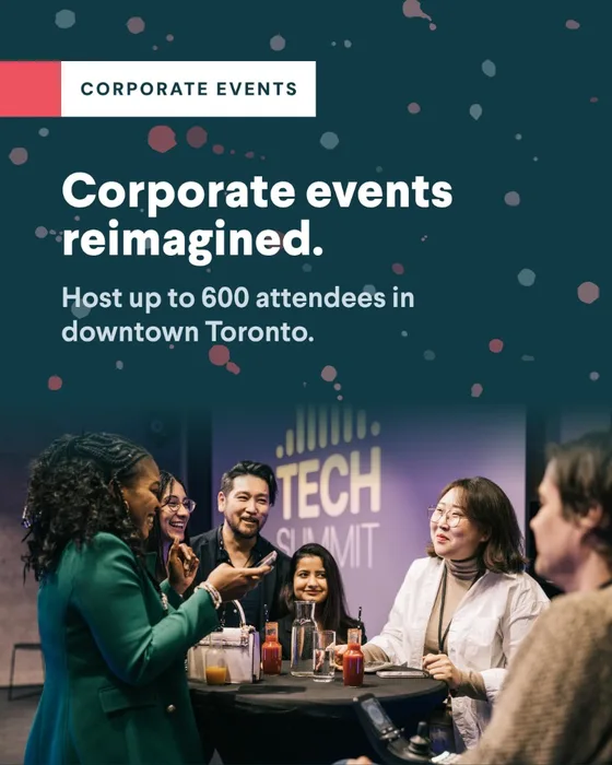 Corporate events promotional graphic: Corporate events reimagined. Host up to 600 attendees in downtown Toronto, with networking photo from a Tech Summit.