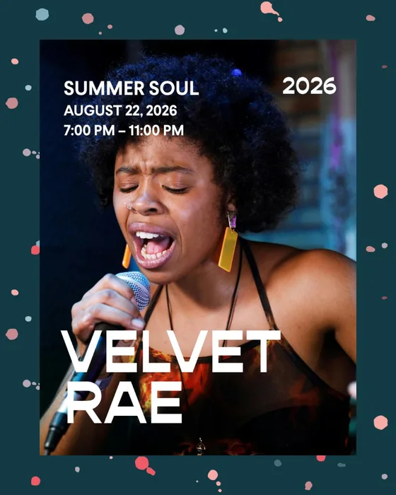 Summer Soul event poster for Velvet Rae on August 22, 2026, featuring a vocalist singing into a microphone.