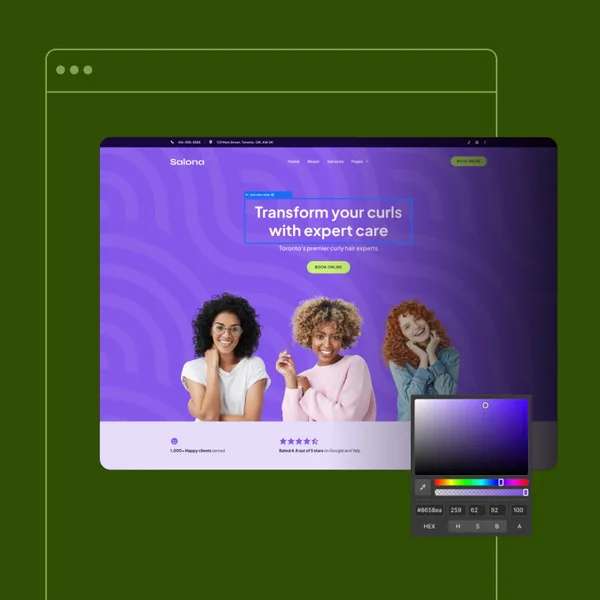 Salon website homepage being updated in a design editor with color and text controls