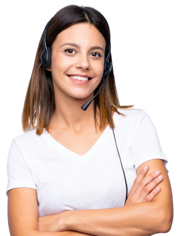 Customer support representative wearing a headset